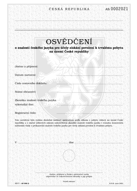 Obrázek produktu: Osvědčení o znalosti ČJ pro účely získání povolení k trvalému pobytu na území ČR -  A2