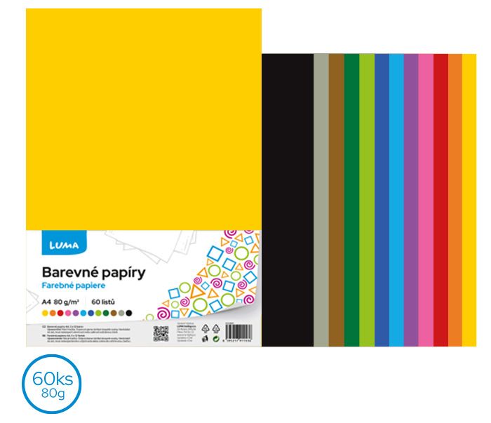 Papír barevný LUMA A4, 80g/m² - 60 ks (5 × 12 barev)