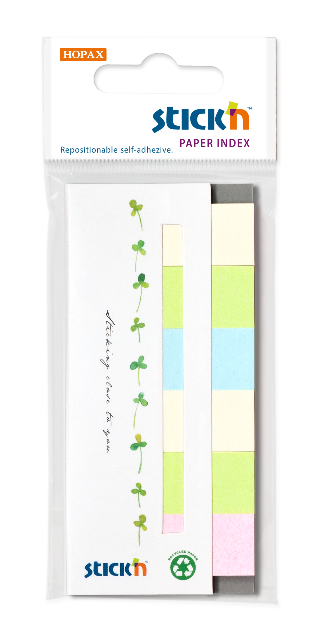 Papírové samolepicí záložky Stick'n 45 × 15 mm, 6 × 30 lístků, recyklované barvy