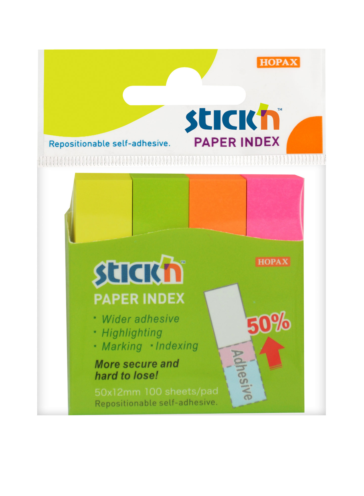 Papírové samolepicí záložky Stick'n 50 × 12 mm, 4 × 100 lístků, nenonové barvy