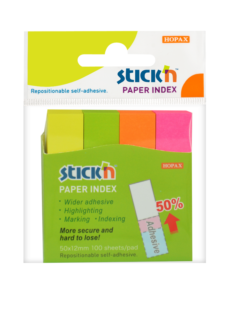 Samolepicí záložky Hopax Stick’n Notes 50 x 12 mm, 4 x 100 listů, neonové
