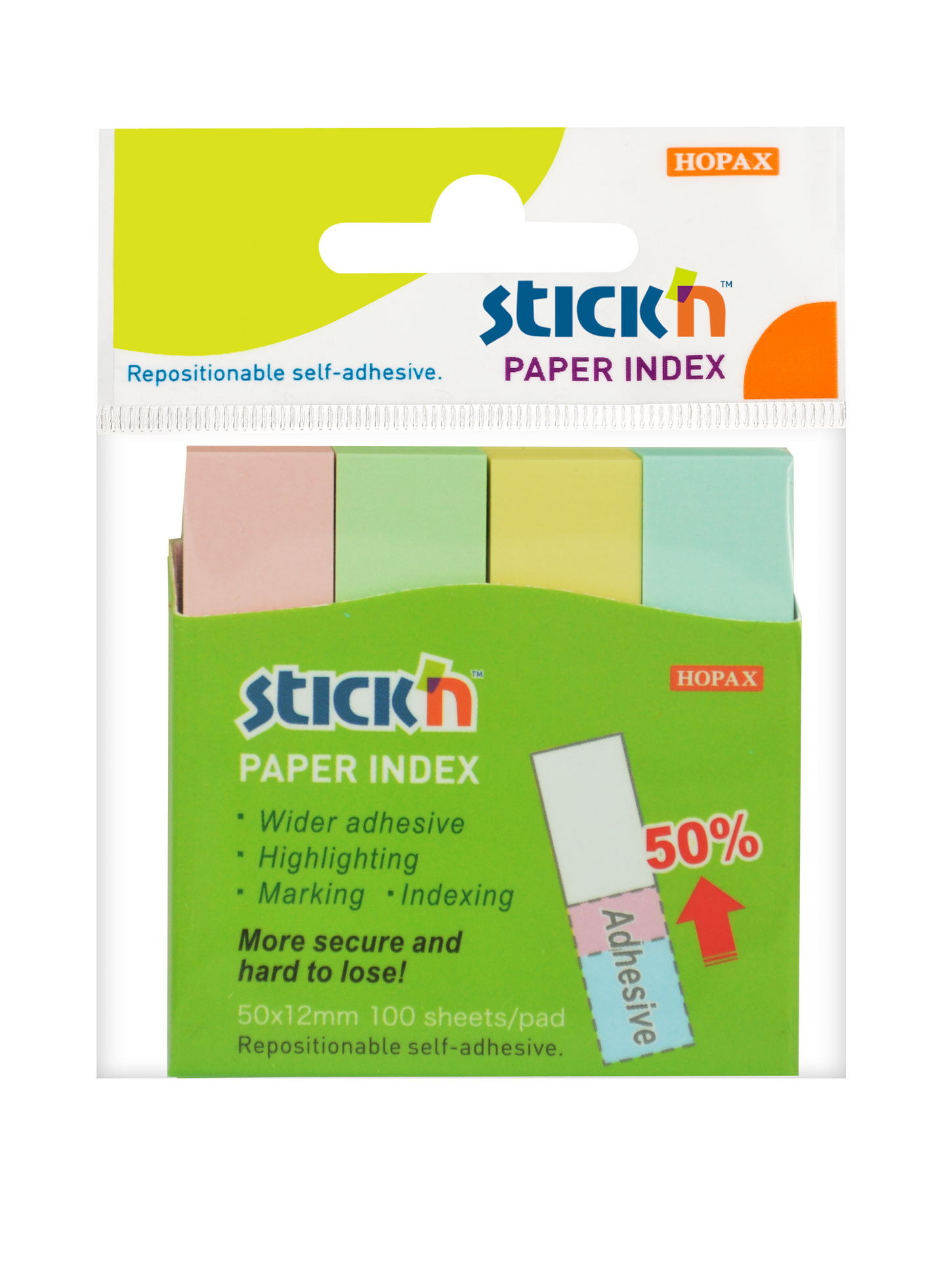 Papírové samolepicí záložky Stick'n 50 × 12 mm, 4 × 100 lístků, pastelové barvy