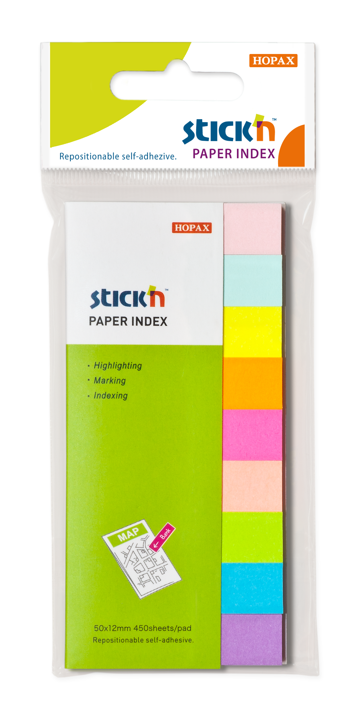 Papírové samolepicí záložky Stick'n 50 × 12 mm, 9 × 50 lístků, neonové barvy