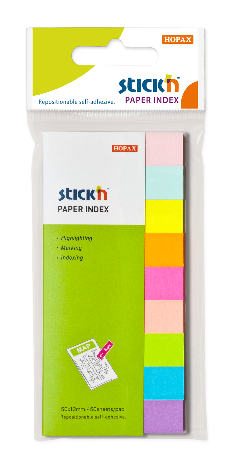 Papírové samolepicí záložky Stick'n 50 × 12 mm, 9 × 50 lístků, neonové barvy