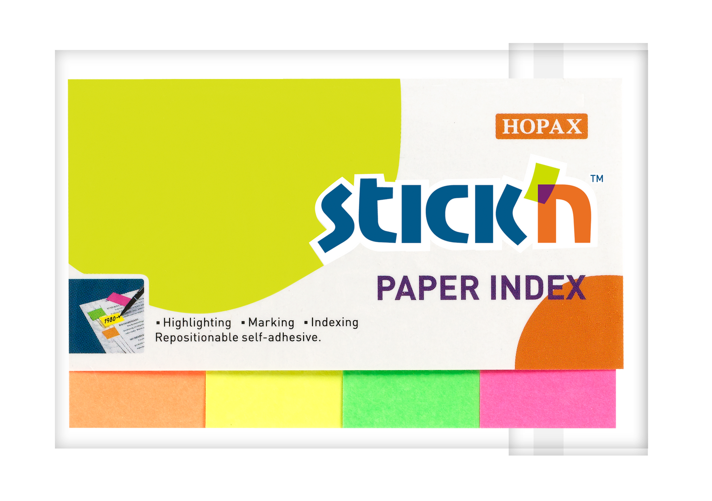 Papírové samolepicí záložky Stick'n 50 × 20 mm, 4 × 50 lístků, neonové barvy