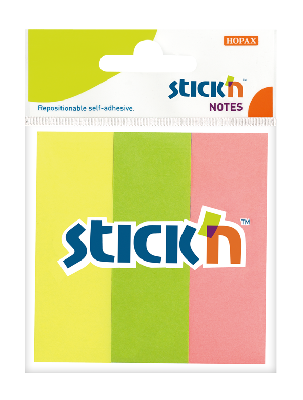 Papírové samolepicí záložky Stick'n 76 × 25 mm, 3 × 50 lístků, neonové barvy