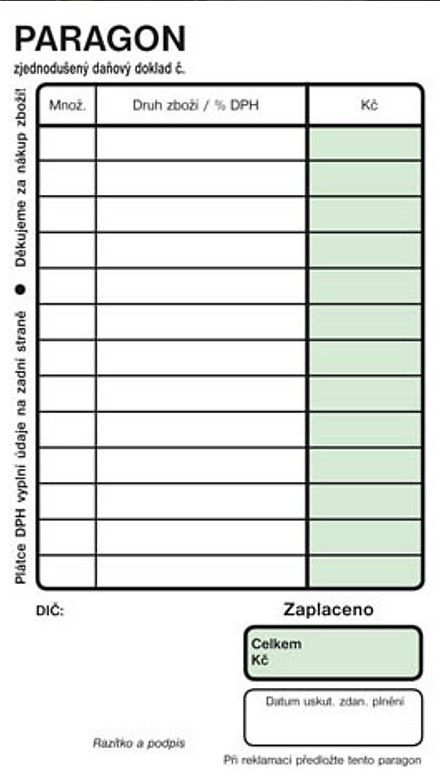 Paragon obchodní nečíslovaný 100l.