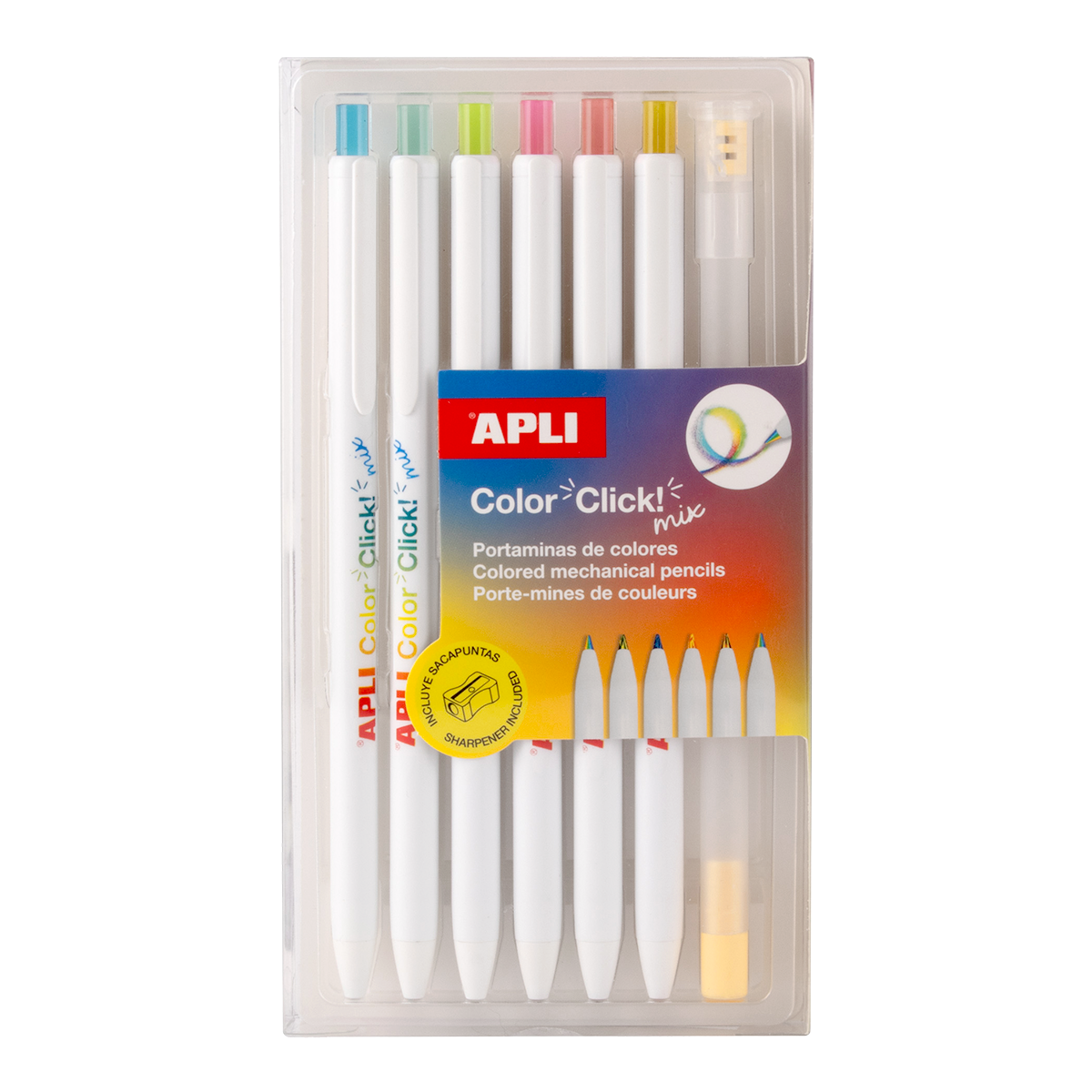 Pastelky APLI stiskací - duhové Color Click, vč. ořezávátka s kontejnerem, 6 ks, blistr, mix barev