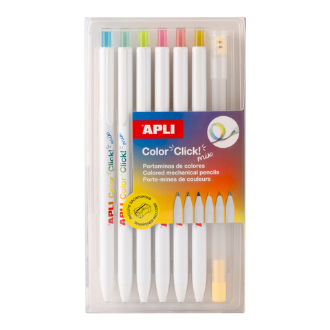 Obrázek produktu: Pastelky APLI stiskací - duhové Color Click, vč. ořezávátka s kontejnerem, 6 ks, blistr, mix barev
