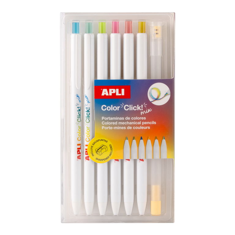 Pastelky APLI stiskací - duhové Color Click, vč. ořezávátka s kontejnerem, 6 ks, blistr, mix barev