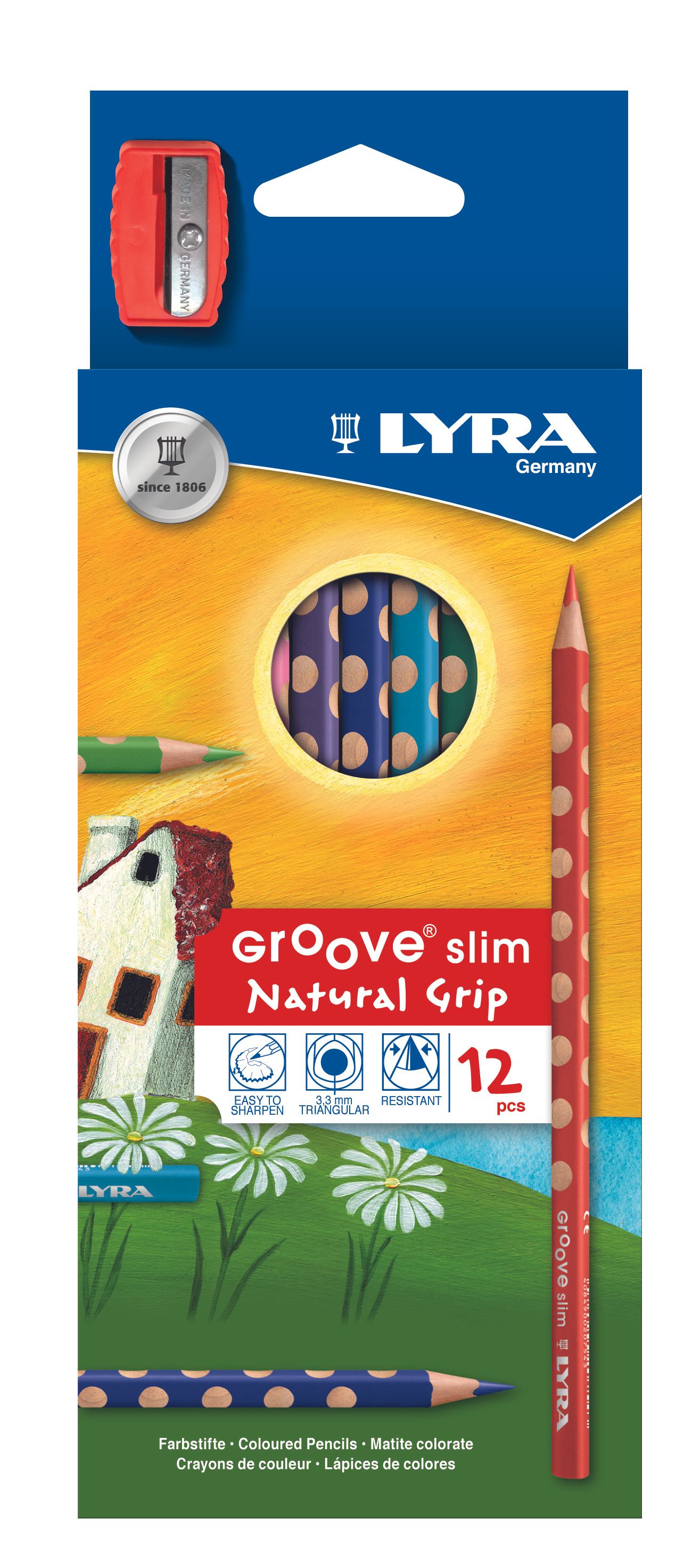 Pastelky Lyra GROOVE Slim, trojhranné, 12 ks + ořezávátko
