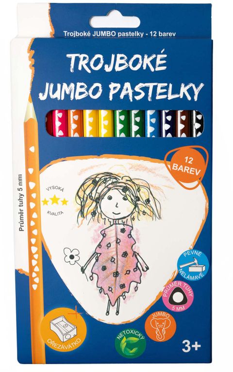 Obrázek produktu: Pastelky RICO trojboké  JUMBO, tuha průměr 5mm, 12 ks, ořezavátko, papírový obal