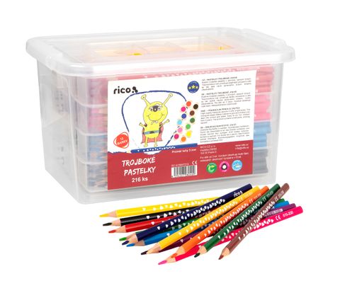Obrázek produktu: Pastelky RICO trojboké, tuha průměr 3 mm, 216 ks (18 x 12 barev), PP box