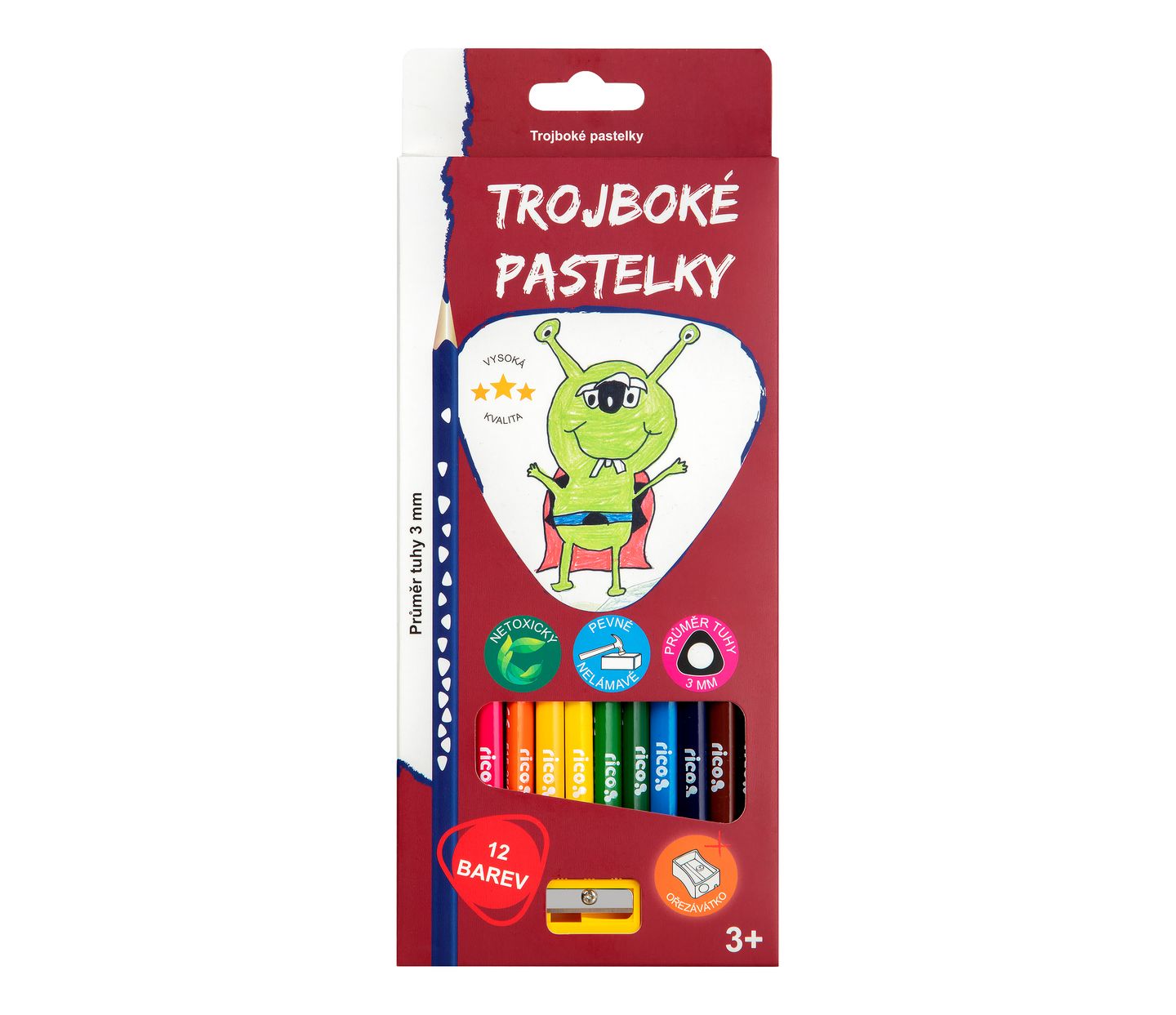 Pastelky RICO trojboké , tuha průměr 3 mm, sada 12 ks, ořezávátko