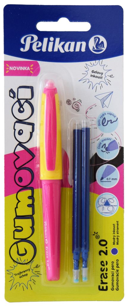 Pelikan Gumovací pero ergonomické, 0,7 mm, žluto-růžové, 1 ks + 2 náplně