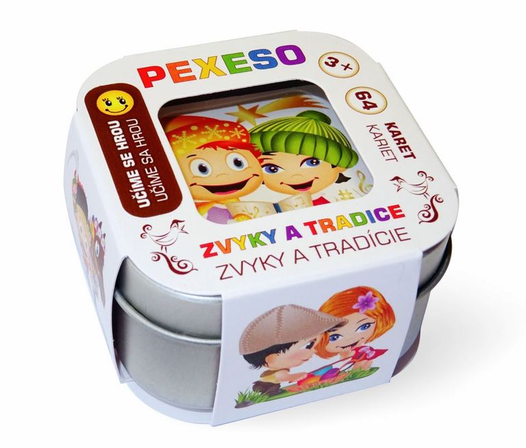 Pexeso zvyky a tradice voděodolné 64 karet v plechové krabičce 6x6x4cm Hmaťák