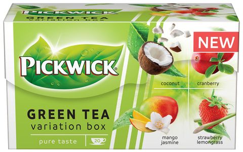 Obrázek produktu: Pickwick zelený čaj 20 × 1,5 g - kokos, brusinky, mango-jasmín, jahoda-citronová tráva