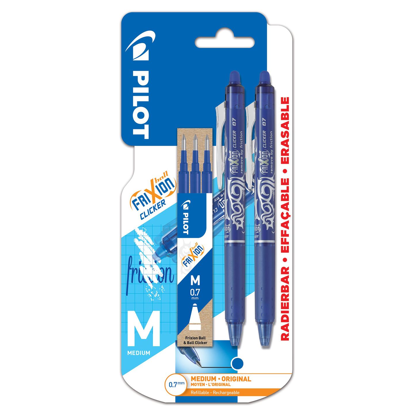 Pilot FriXion Clicker 07 Roller 0,7 mm - modrý, sada 2 ks + náplň