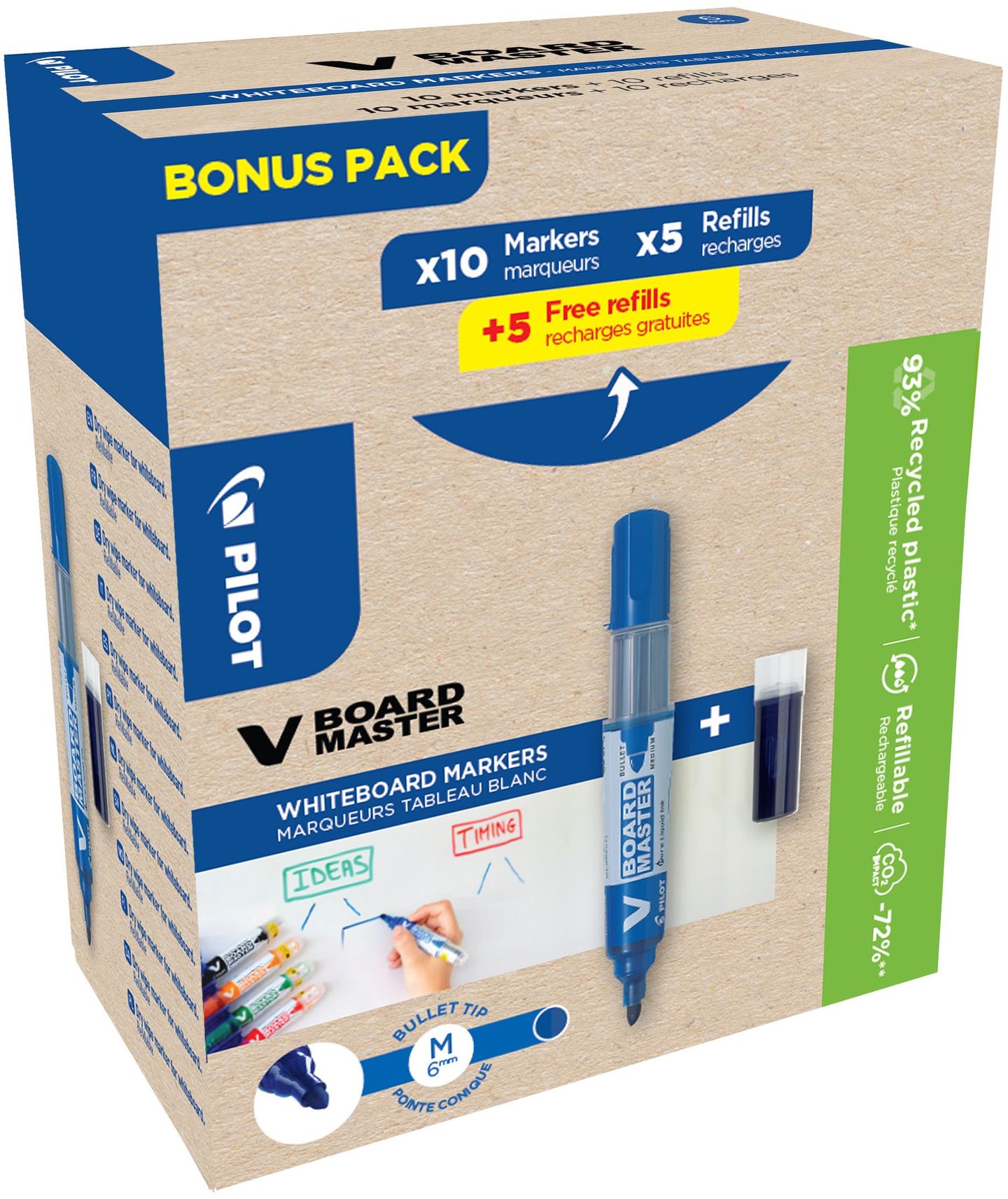 Pilot V-Board Master Popisovač na bílé tabule - modrý, Greenpack 10 ks + 10 náplní