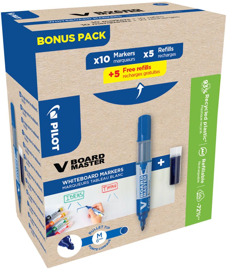 Pilot V-Board Master Popisovač na bílé tabule - modrý, Greenpack 10 ks + 10 náplní