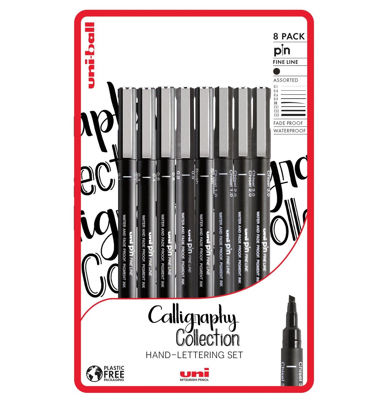 PIN - Calligraphy sada 8 ks linerů, černá (0,1/0,4/0,6/0,9/štětec/CS1/CS2/CS3)