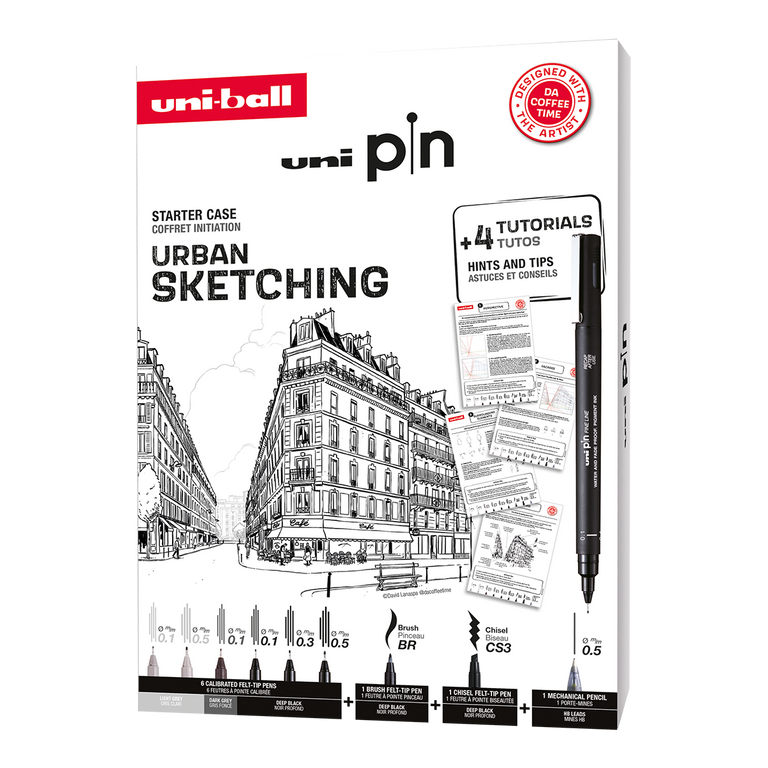PIN sada Urban Sketching - dárkový box, 8 linerů + SHALAKU mikrotužka, mix barev