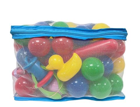 Obrázek produktu: Plastové míčky s udičkou v PVC síťce, 62 ks, průměr 6 cm