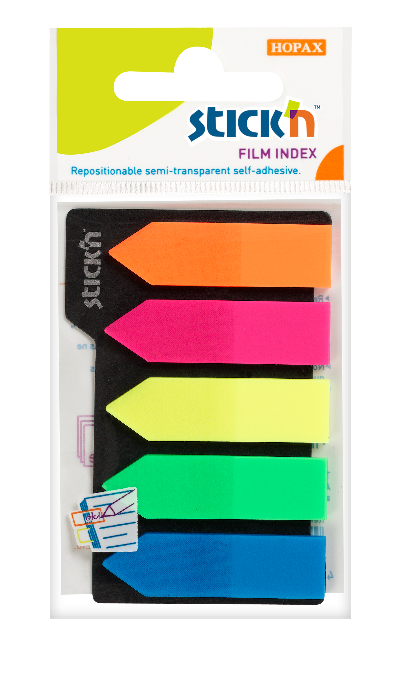 Plastové samolepicí záložky Stick'n 42 × 12 mm, 5 × 25 lístků, neon šipky