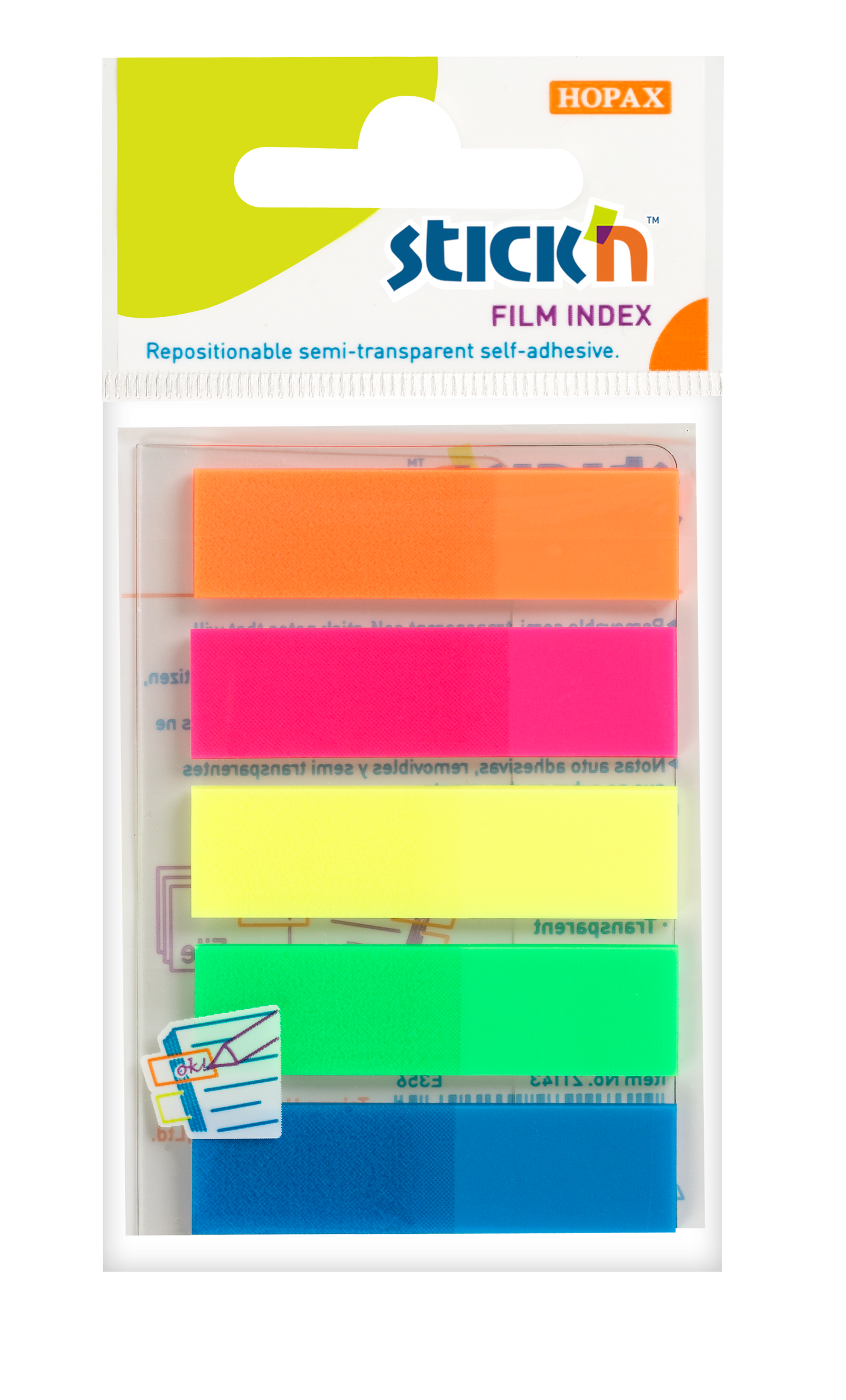 Plastové samolepicí záložky Stick'n 45 × 12 mm, 5 × 25 lístků, neonové barvy