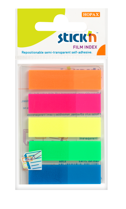 Obrázek produktu: Plastové samolepicí záložky Stick'n 45 × 12 mm, 5 × 25 lístků, neonové barvy