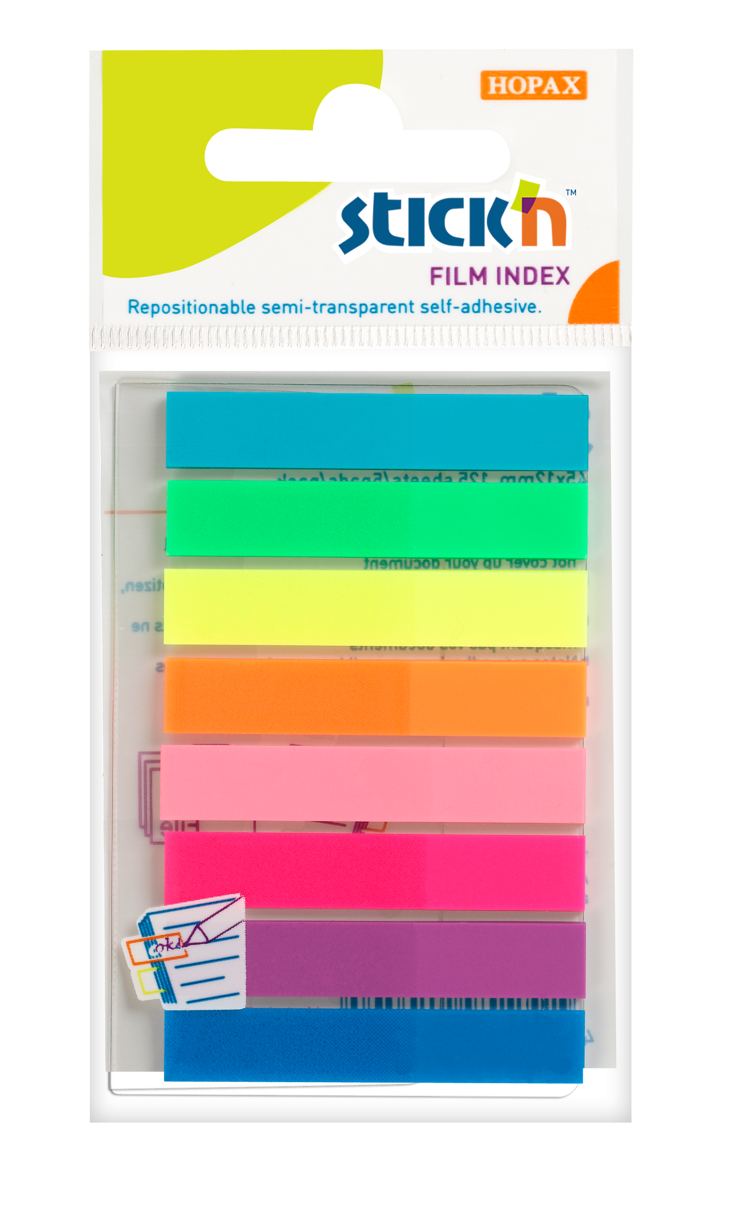 Plastové samolepicí záložky Stick'n 45 × 8 mm, 8 × 20 lístků, neonové barvy