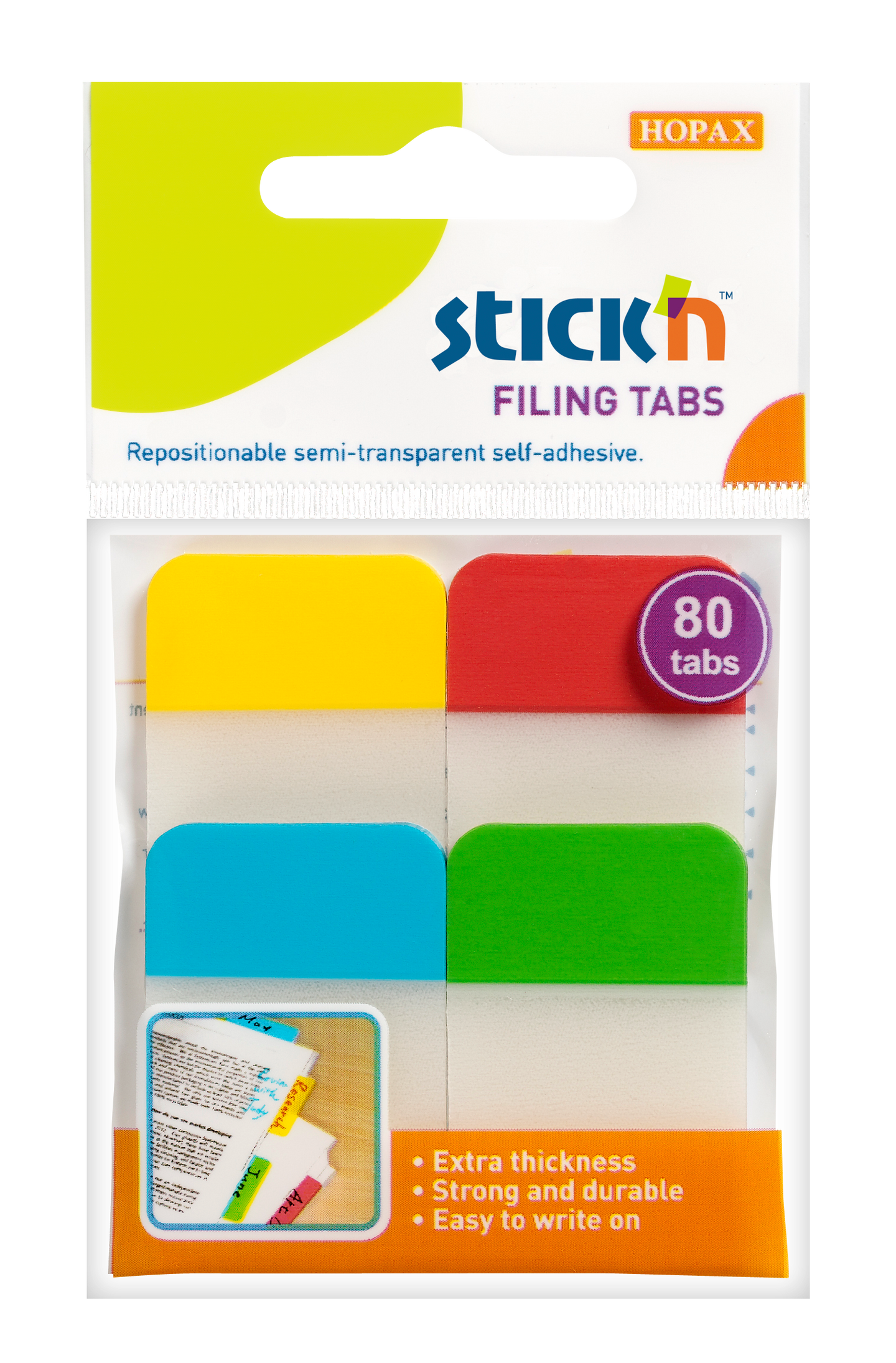 Plastové samolepicí záložky Stick'n extra pevné, 38 × 25 mm, 4 barvy × 20 záložek