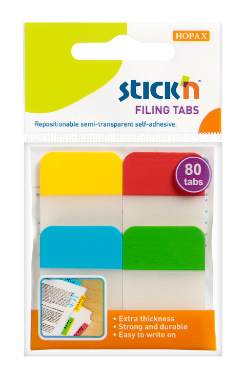 Obrázek produktu: Plastové samolepicí záložky Stick'n extra pevné, 38 × 25 mm, 4 barvy × 20 záložek