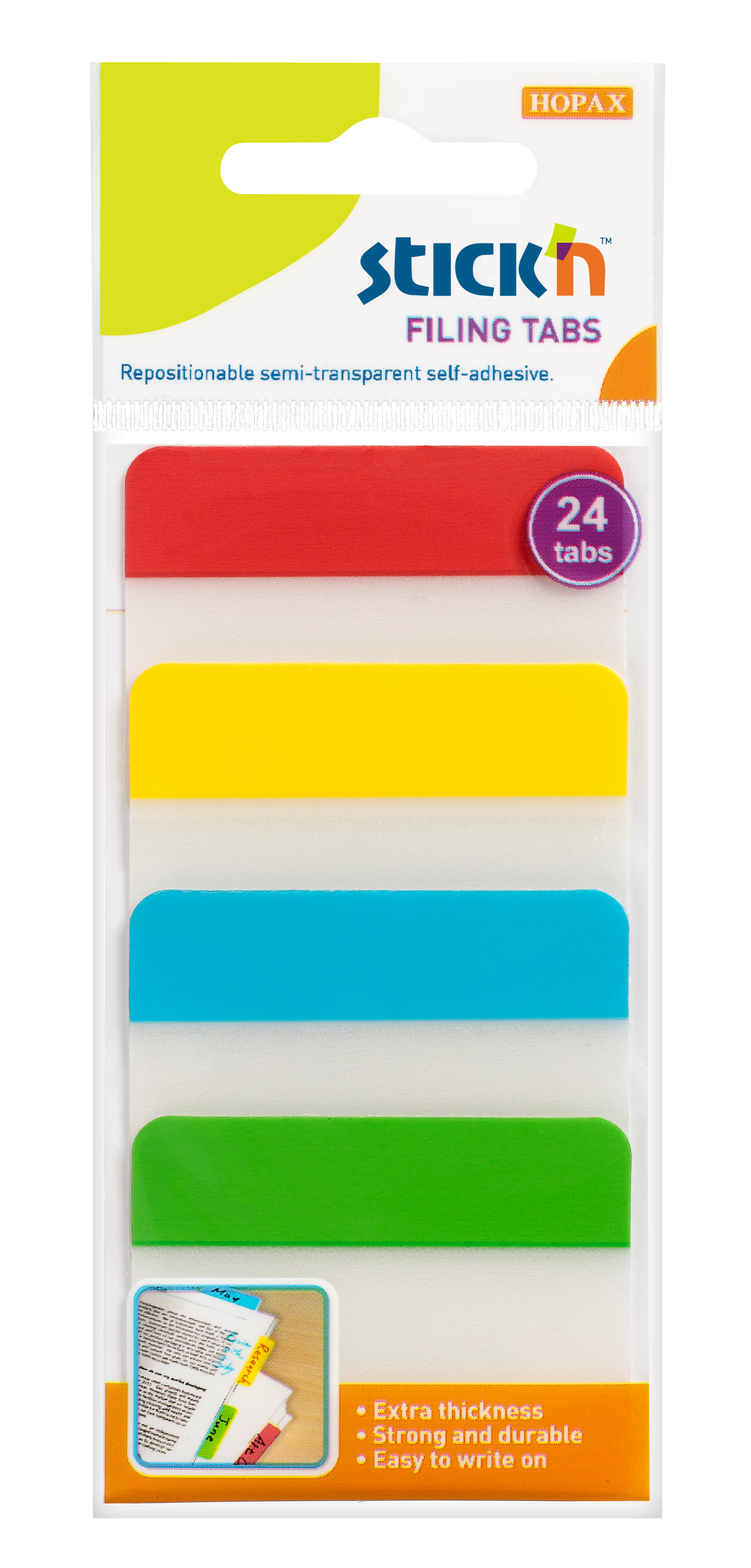 Plastové samolepicí záložky Stick'n extra pevné, 38 × 51 mm, 4 barvy × 6 záložek