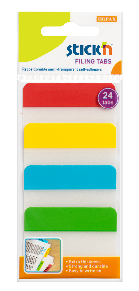 Obrázek produktu: Plastové samolepicí záložky Stick'n extra pevné, 38 × 51 mm, 4 barvy × 6 záložek