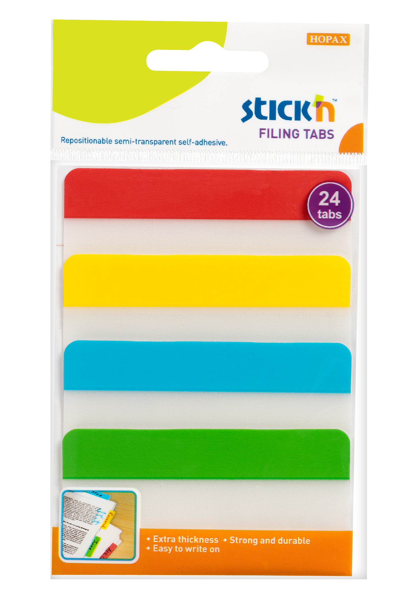 Plastové samolepicí záložky Stick'n extra pevné, 38 × 76 mm, 4 barvy × 6 záložek