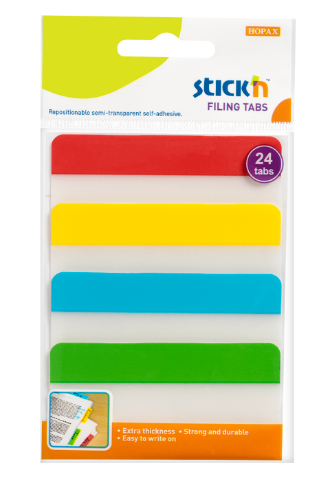 Obrázek produktu: Plastové samolepicí záložky Stick'n extra pevné, 38 × 76 mm, 4 barvy × 6 záložek