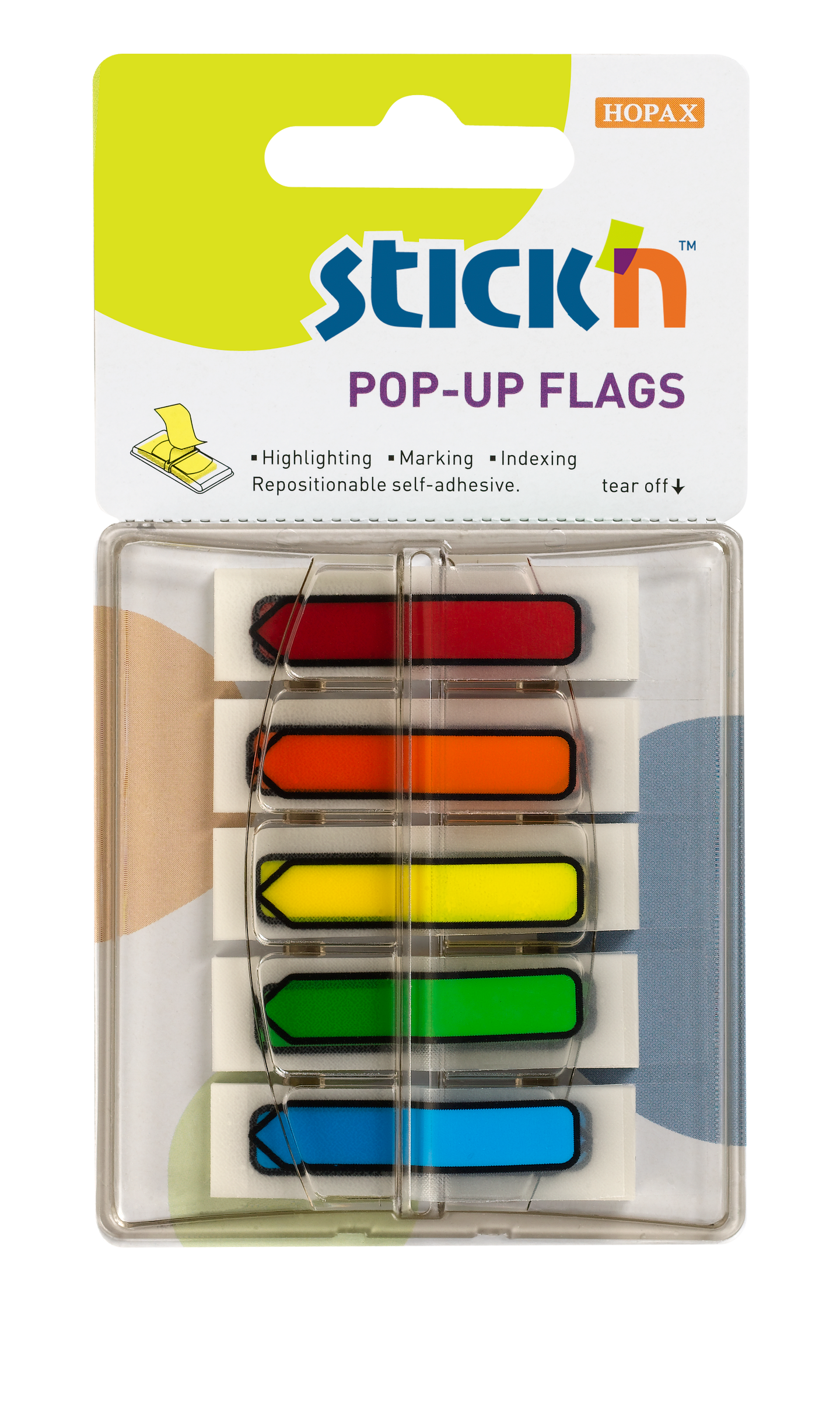 Plastové samolepicí záložky Stick'n POP-UP 45 × 12 mm, 5 × 30 lístků, neon šipky