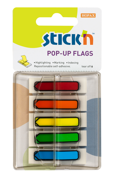 Obrázek produktu: Plastové samolepicí záložky Stick'n POP-UP 45 × 12 mm, 5 × 30 lístků, neon šipky