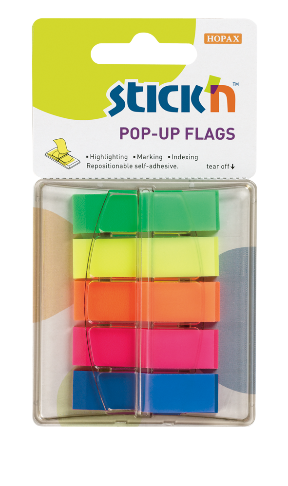 Plastové samolepicí záložky Stick'n POP-UP 45 × 12 mm, 5 × 40 lístků, neonové barvy