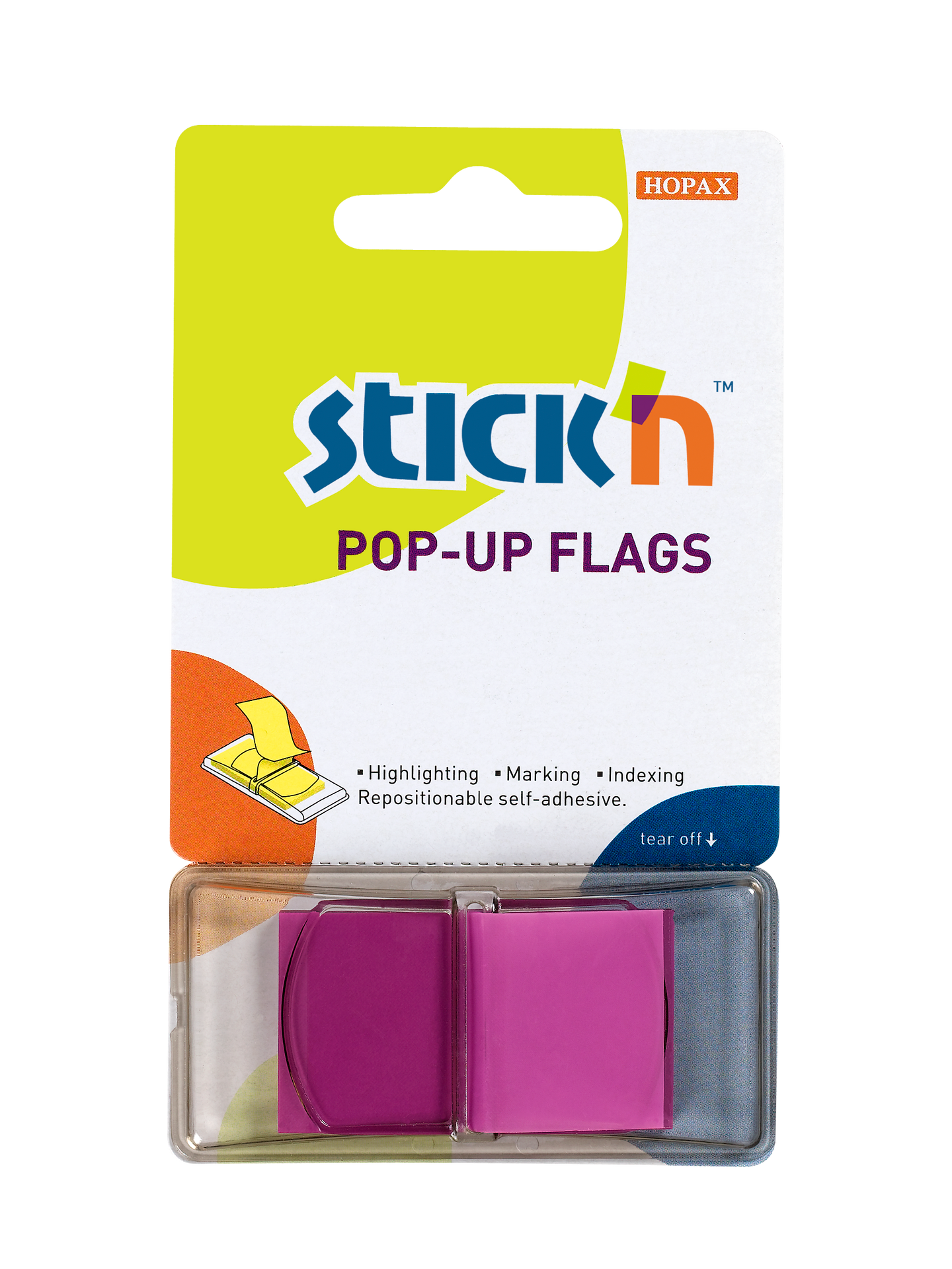 Plastové samolepicí záložky Stick'n POP-UP 45 × 25 mm, 50 lístků, neonově fialové