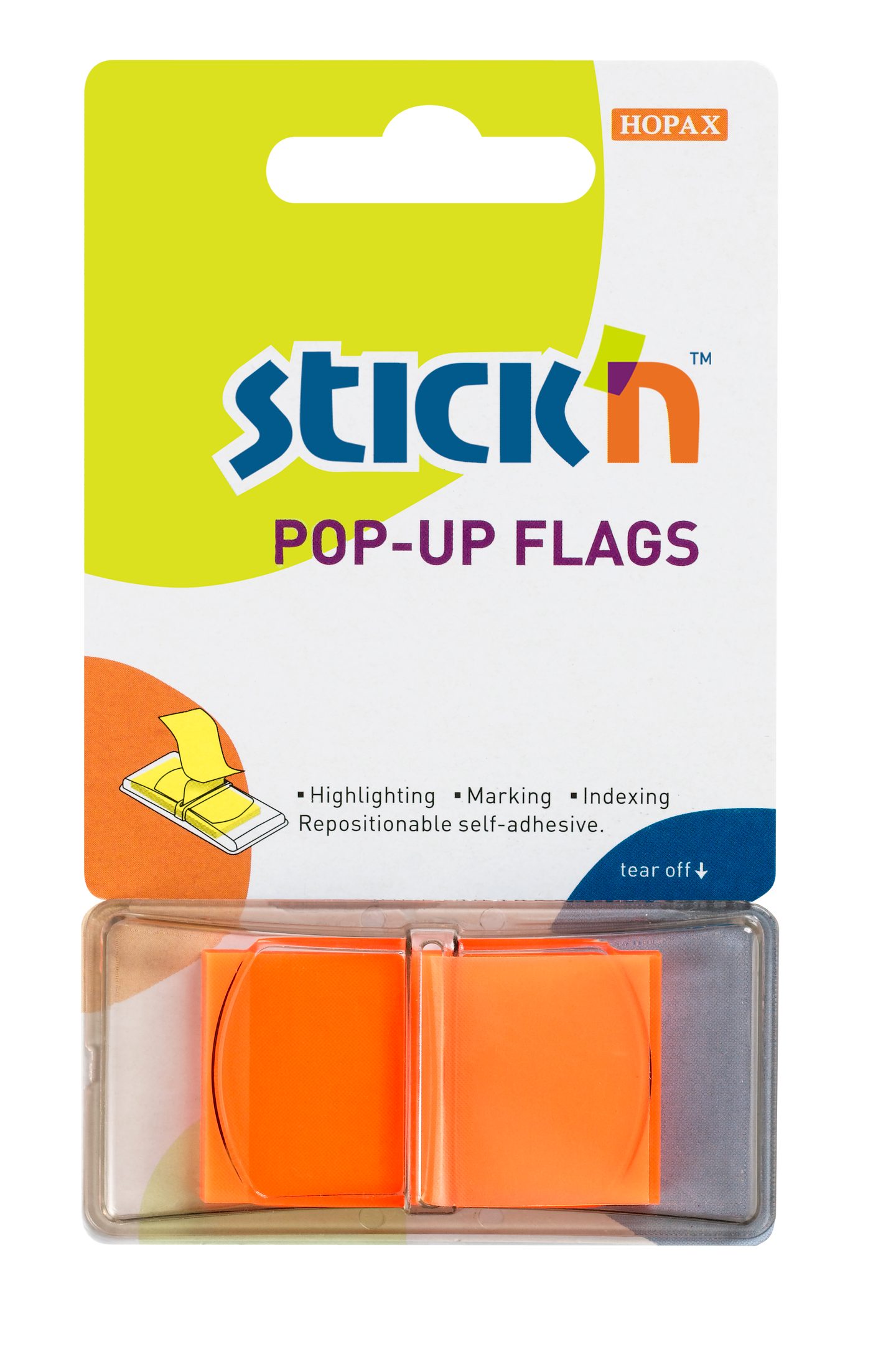 Plastové samolepicí záložky Stick'n POP-UP 45 × 25 mm, 50 lístků, neonově oranžové