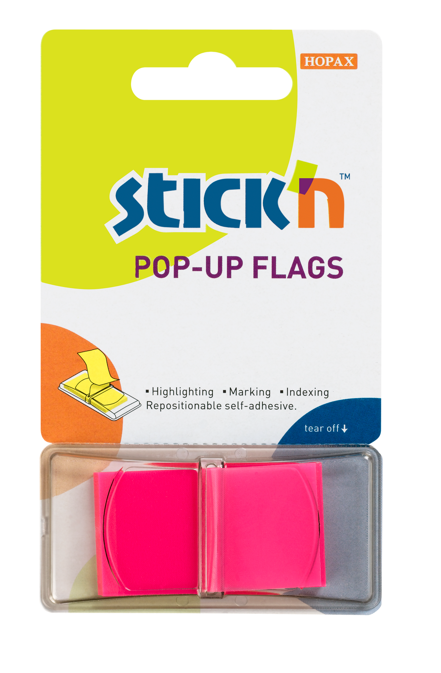 Plastové samolepicí záložky Stick'n POP-UP 45 × 25 mm, 50 lístků, neonově růžové