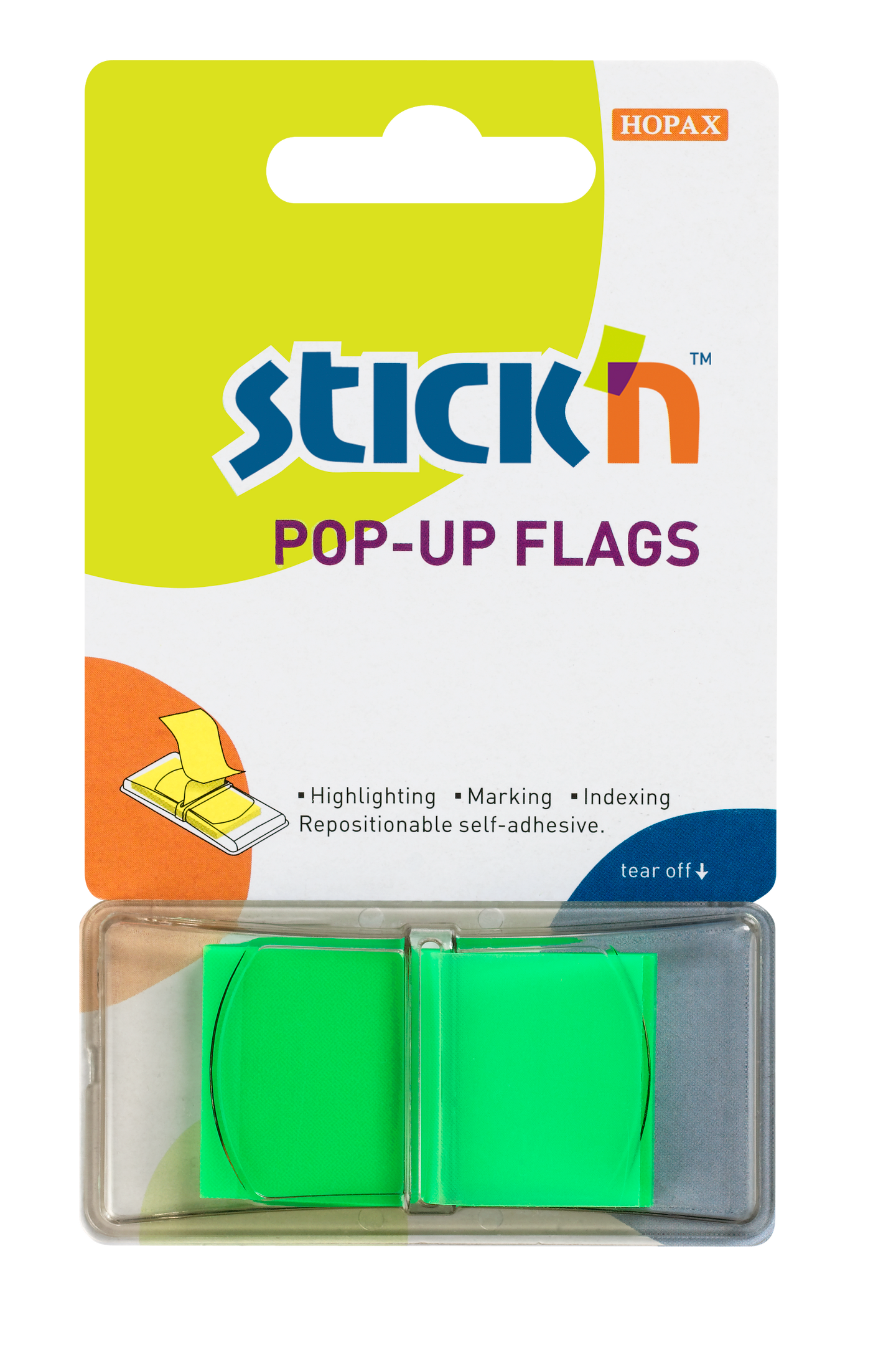 Plastové samolepicí záložky Stick'n POP-UP 45 × 25 mm, 50 lístků, neonově zelené