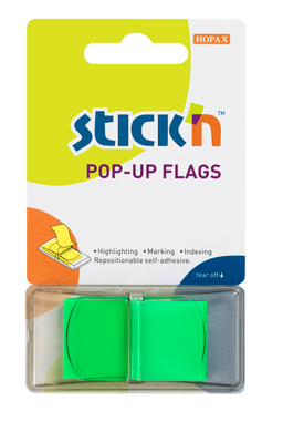 Obrázek produktu: Plastové samolepicí záložky Stick'n POP-UP 45 × 25 mm, 50 lístků, neonově zelené