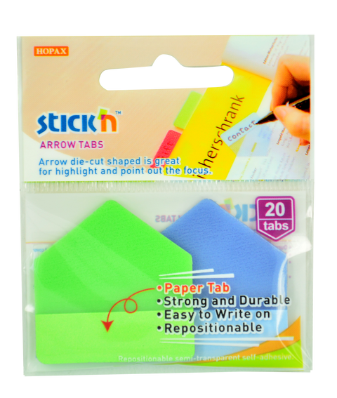 Obrázek produktu: Plastové samolepicí záložky Stick'n šipky 38 × 38 mm, 2 × 10 ks, zelené a modré