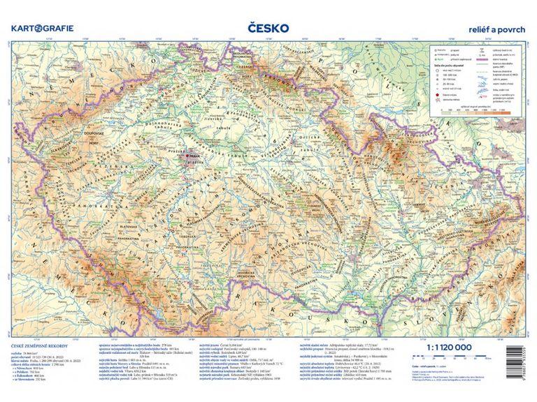 Česko - reliéf a povrch (příruční mapa / administrativní mapa)