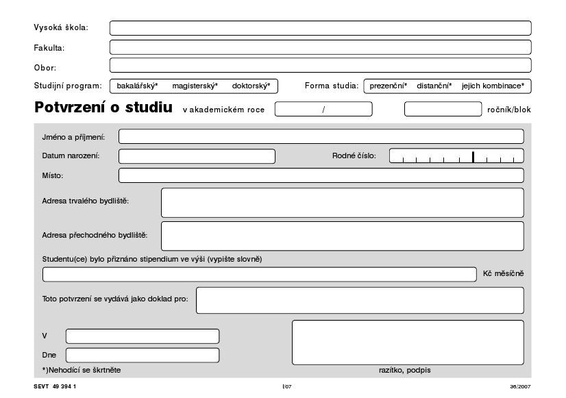 Potvrzení o studiu a stipendiu