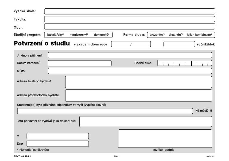 Potvrzení o studiu a stipendiu
