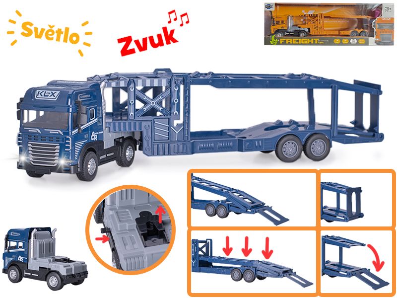Přepravník aut 40 cm 1:24 kov na baterie na setrvačník se světlem a zvukem, mix barev